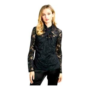 Stunning black lace twist front top. Twist neck and long sleeves.L